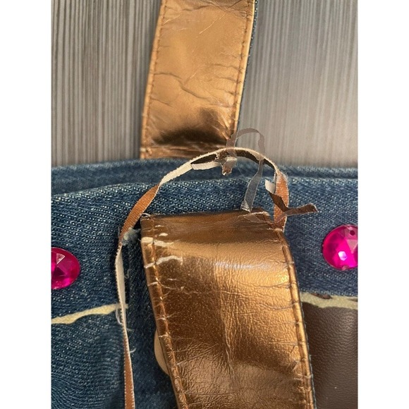 Walt Disney World Mickey Mouse Denim Embroidery Flowers Button Large Tote Purse - Picture 7 of 10